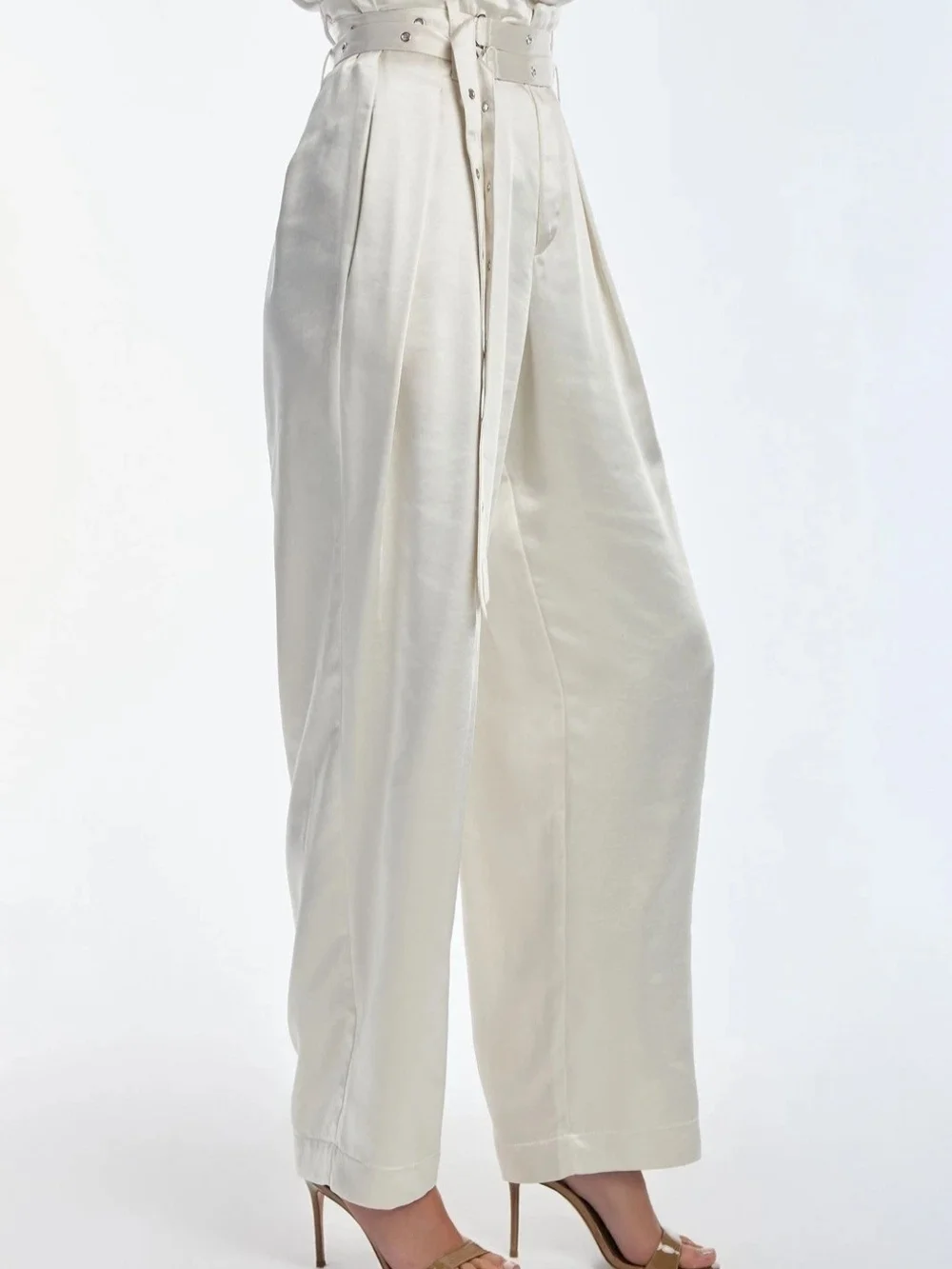 The Noli Shop Ivory Satin High-Waist Wide-Leg Jumpsuit